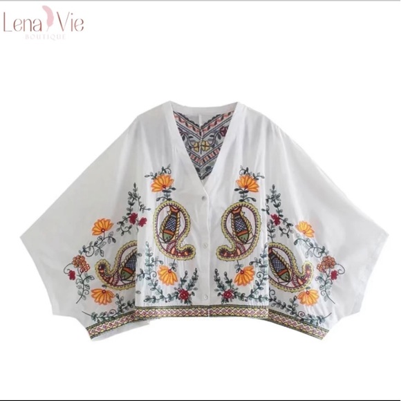 Boho Summer Embroidered Flared Kimono 2 Piece Skirt Set, Cotton Floral Koi Print - Picture 5 of 11